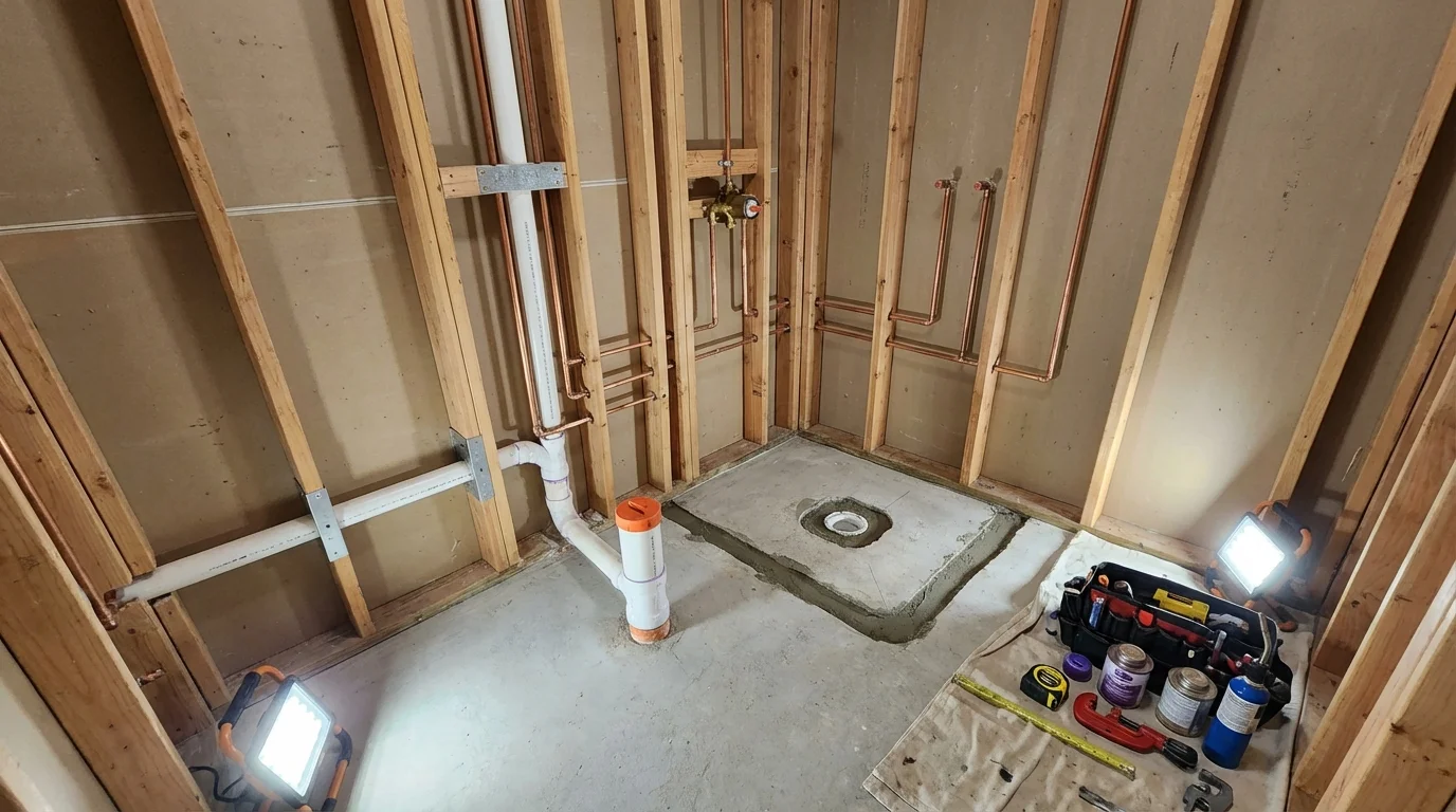 Bathroom rough-in plumbing during remodel by Johns Plumbing LLC in Mexico Beach