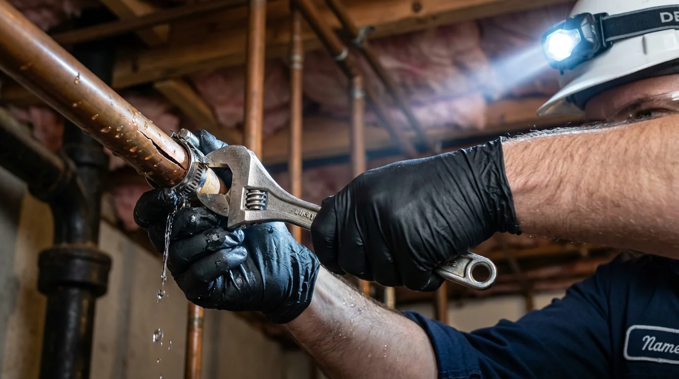 Emergency pipe clamp repair being performed by a Johns Plumbing LLC plumber in Mexico Beach