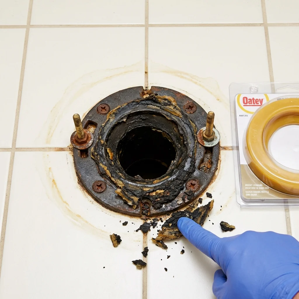 Failed wax ring showing water seepage at the base of a toilet in a Mexico Beach, FL home