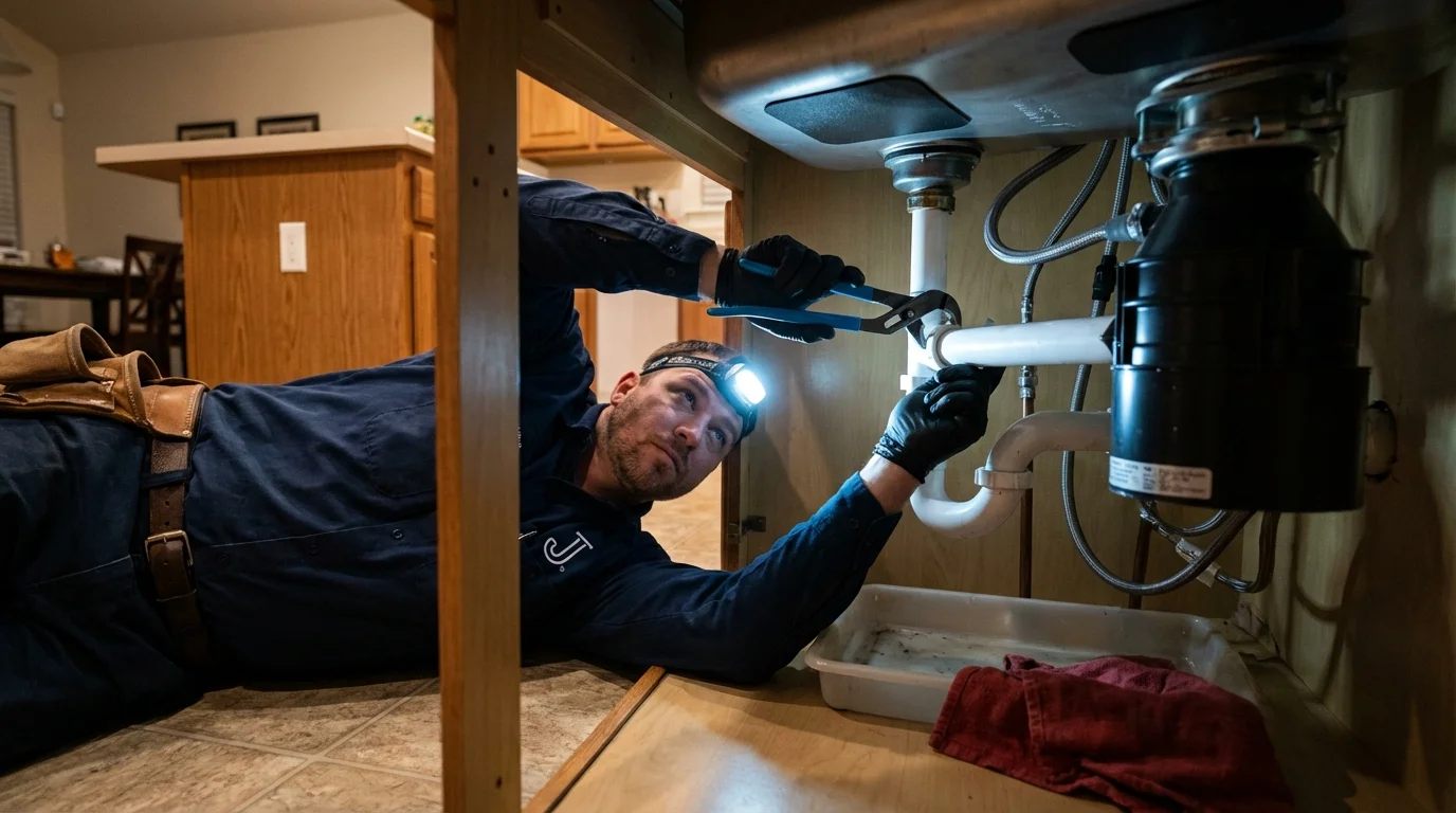 P-trap and supply line connections under a kitchen sink showing a common leak point in Mexico Beach, FL